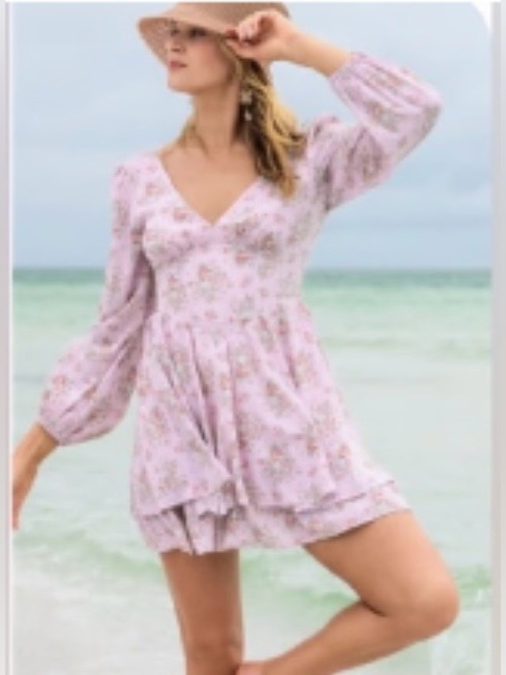 Lavender Floral Coquette V-Neck Puff Long Sleeve Romantic Feminine Mini Dress S